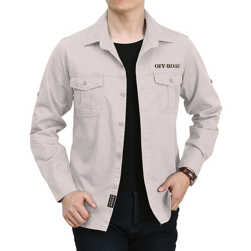 2024 primavera y otoño camisa de mangas largas hombre casual multi-bolsillo suelto camisa de negocios de mediana edad camisa de algodón chaqueta de trabajo