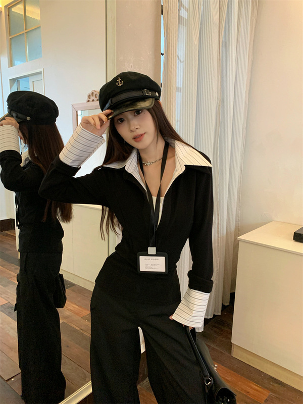 假两件拼接翻领长袖针织衫女春秋设计感收腰修身显瘦打底衬衫上衣|undefined