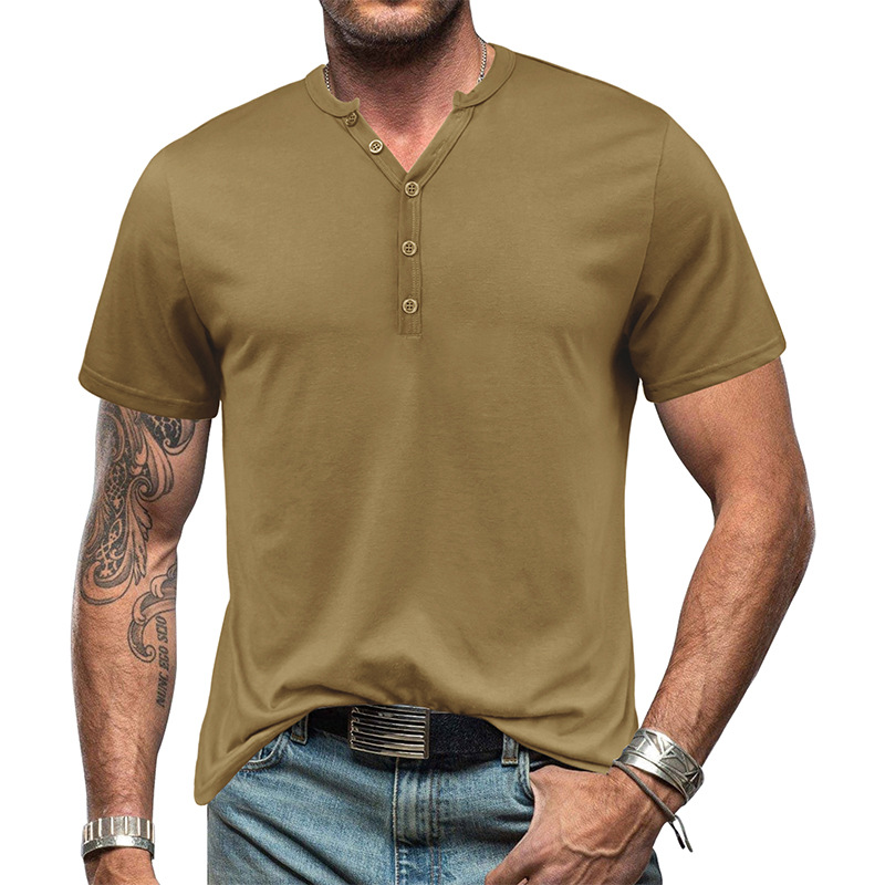 Heißer Sommer Atmungsaktive Herren Henry Kurzarm T-shirt Europäische und Amerikanische männer Taste Einfarbig T-shirt Top_voghion.com