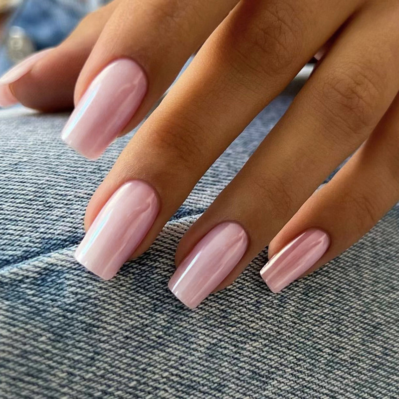 Simple Short Square Aurora Nail Stickers New Style Reusable Nail Pieces Pink Fake Nails Simple Short Square Aurora Nail Stickers New Style Reusable Nail Pieces Pink Fake Nails