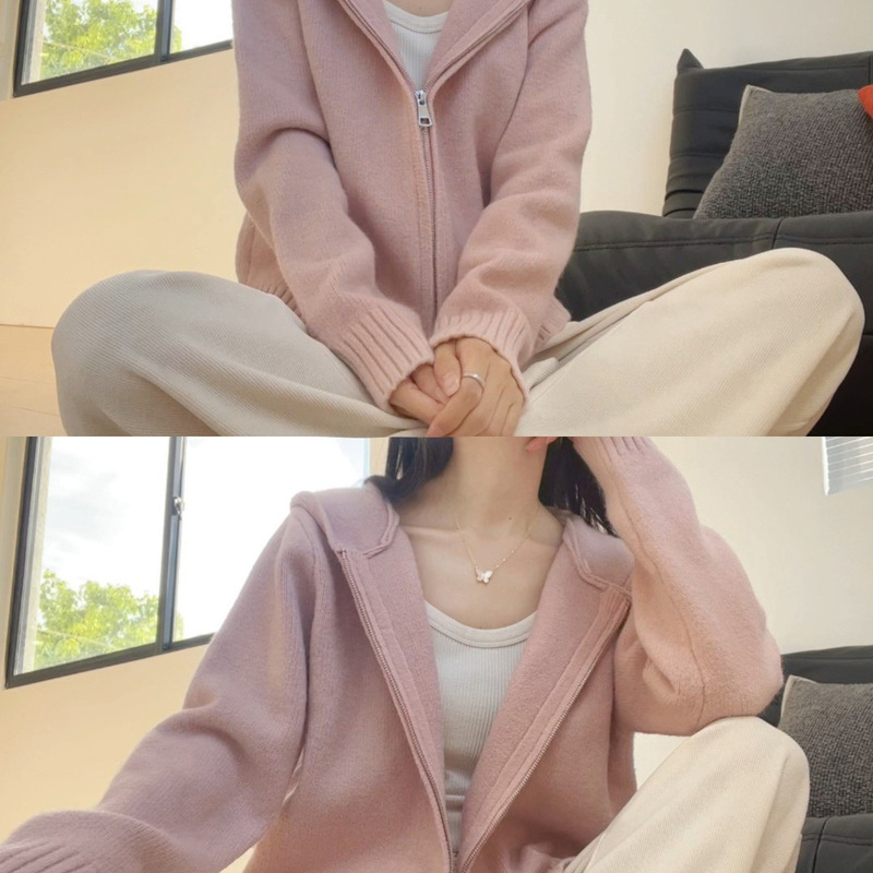 Pink Hooded Knitwear Top for Women Autumn and Winter 2025 Autum Zipper Lazy Soft Waxy Outer Knitwear Cardigan Jacket
