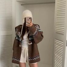 厚实提花费尔岛毛衣外套大翻领牛角扣撞色复古保暖中长款针织开衫