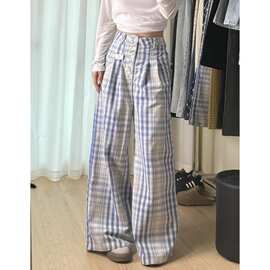 设计感小众格子阔腿裤女夏季韩版复古高腰宽松显瘦休闲直筒拖地裤