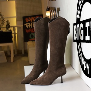 1895-8 women's slim heeled high-heeled pointed V-neck skinny boots fashion long boots below knee high knight boots