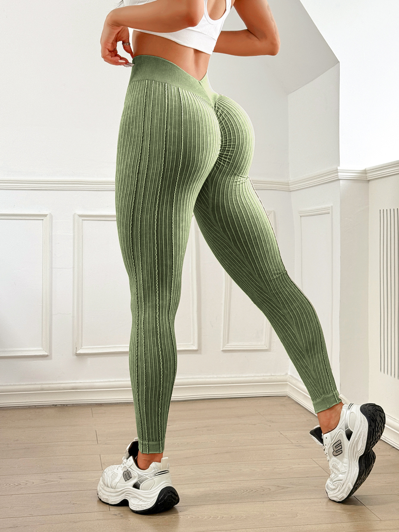 Mu Yao transfronterizo Europa y los Estados Unidos después de V cintura de miel de melocotón de caderas arena lavado pantalones de yoga de mujer hilo de cintura alta de caderas pantalones deportivos de fitness