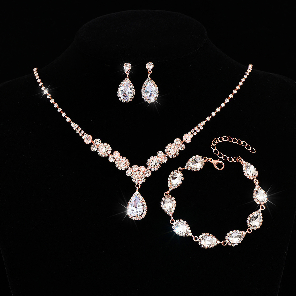 2023 nueva moda de oro rosa de oro de tres piezas de circón collar de aretes pulsera nupcial traje de joyería