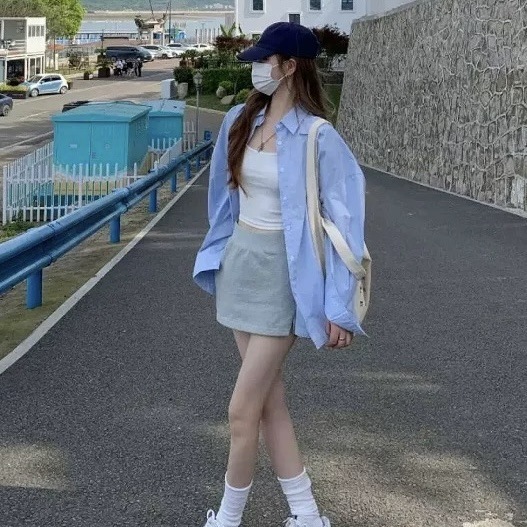 蓝色长袖防晒衬衫女装春秋新款设计感衬衣法式慵懒风宽松上衣外套|undefined