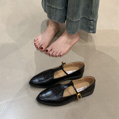 法式复古浅口尖头低跟乐福单鞋女春秋新款软底T型通勤奶奶平底鞋