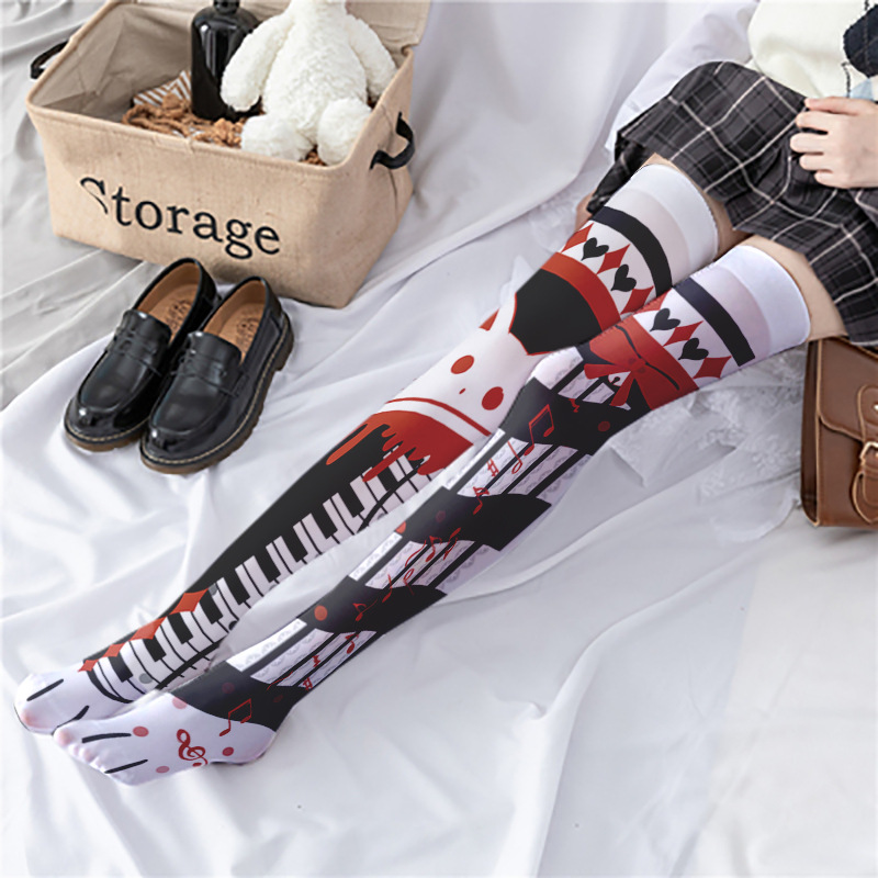Anime Japanese Cartoon Knee Print Stockings - Cream