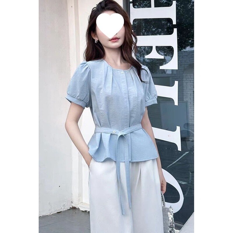 French-Style Sweet Puff Short-Sleeve Shirt for Women, 2026 New Design with Tie, Loose Waist-Cinching, Slimming Shirt for Women, Summer