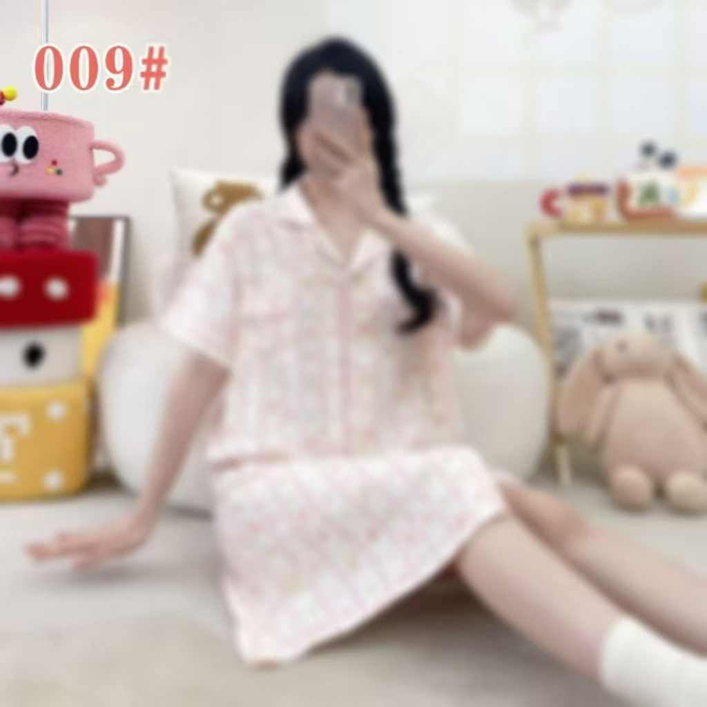 Pijama de verano de manga corta cardigan con solapa impresión de dibujos animados nubes de algodón dulce suelto medio largo vestido transfronterizo