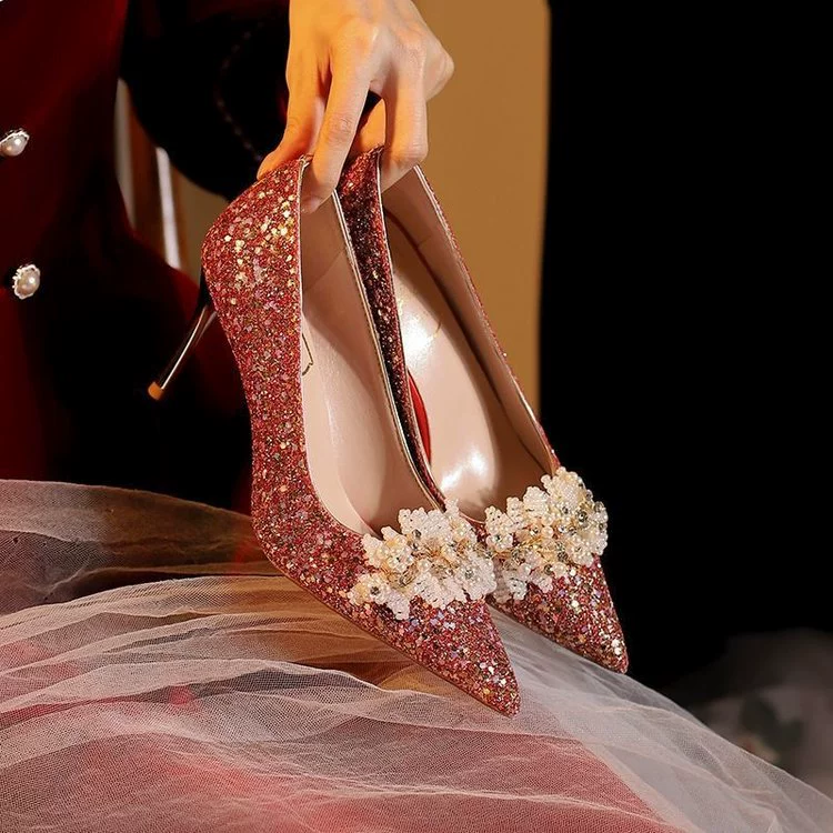 Wedding shoes, red high-heeled shoes for bride, french style, Chinese style