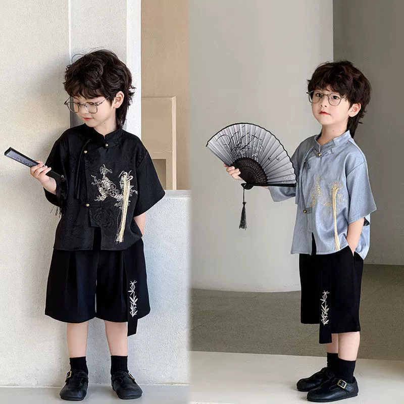 Детский костюм для мальчиков лето 2025, новый стиль, воротник-стойка, вышивка единорога, модный китайский стиль, национальный стиль, цельный костюм