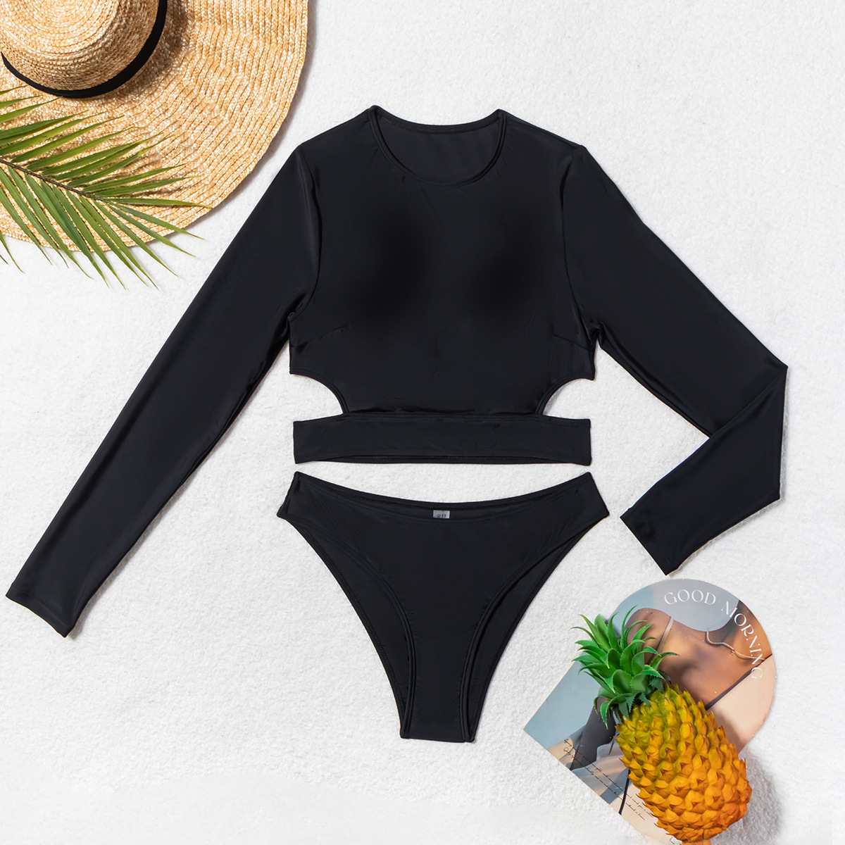 High Waisted Long Sleeved Bikini Set For Women Solid Colour_voghion.com