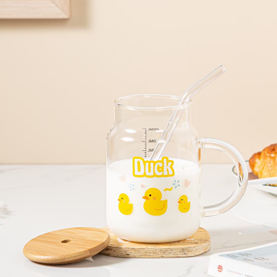 Creativo lindo de dibujos animados amarillo pato paja taza de leche de vidrio personalizado lindo jugo taza café hogar taza de agua