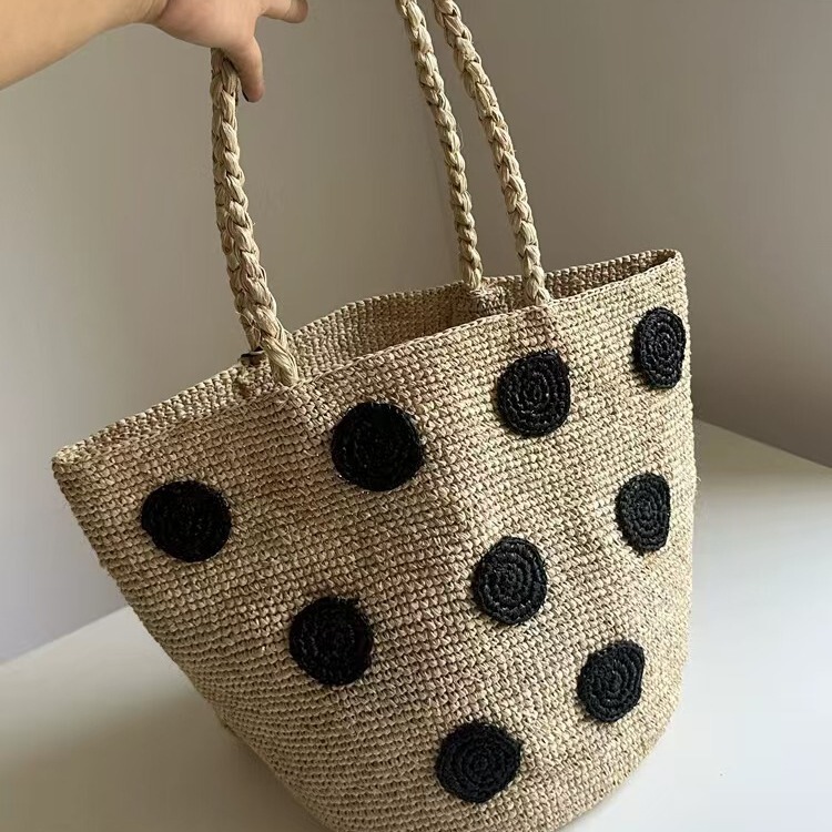 High-Quality Raffia French Resort Style Handbag Women's Travel Straw Bag Large Capacity Polka Dot Woven Shoulder Bag