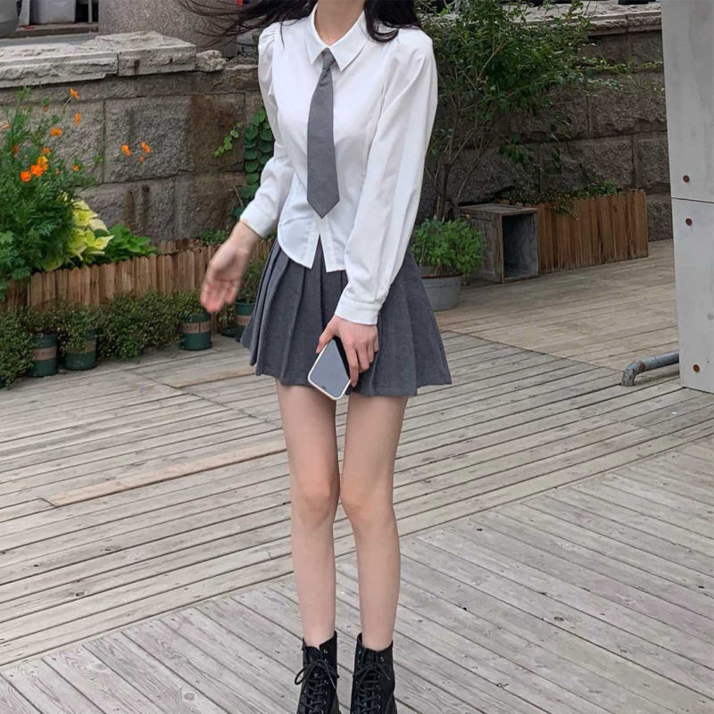 甜辣学院风长袖白色衬衫女春秋收腰显瘦制服衬衣设计感别致上衣|undefined