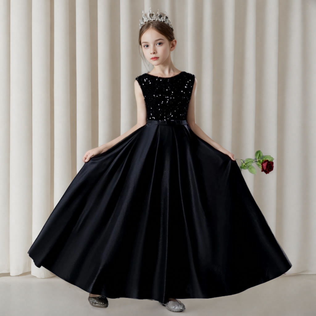 Elegantes schwarzes Prinzessinnenkleid für Mädchen – Langärmeliges Abendkleid für Klavierkonzerte, Violinkonzerte und besondere Anlässe (80-160 cm)_voghion.com