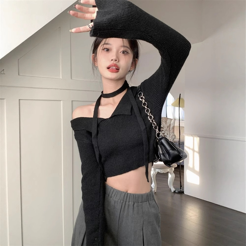辣妹短款露肩长袖针织衫女秋季纯欲修身显瘦毛衣小众别致洋气上衣|undefined