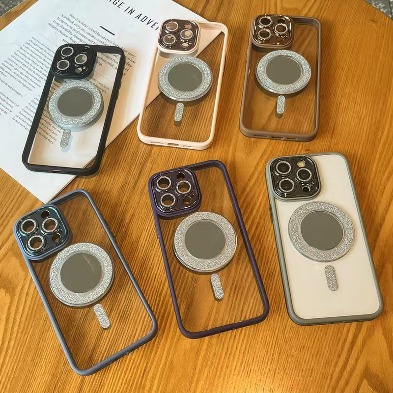 Suitable for Apple 16 Magnetic Mobile Phone Case Iphone15 Mirror Holder Glitter Lens Film Huawei Mate60Pro