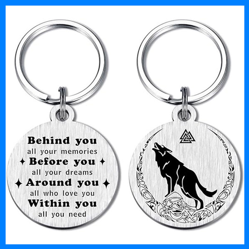 Double Sided Viking Blessing Norse Mythology Hammer Tree Wolf Totem Stainless Steel Pendant Keychain