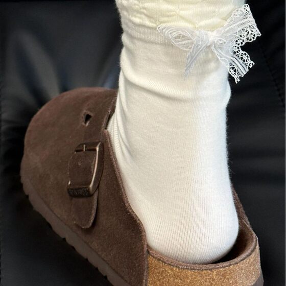 Korean Style Ins Solid Color Heel Lace Bow Mid-Length Socks Spring and Autumn Pure Desire Girl's Pleated Bubble Edge Piled Socks
