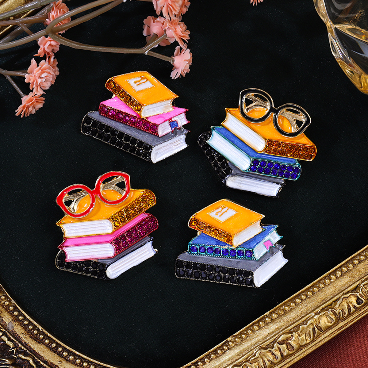 European and American New Enamel Rhinestone Three-Book Shaped Brooch Creative Pin Trendy Unisex Clothing Accessory Brooch Jewelry