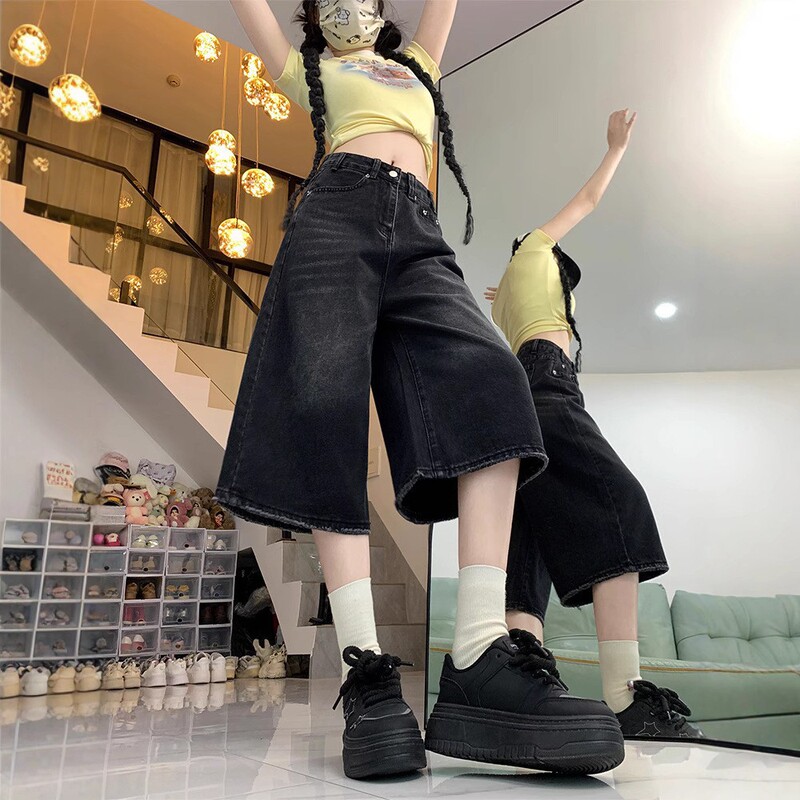 2025 Summer High-Waisted Wide-Leg Cropped Denim Shorts for Women, Loose and Slim, Versatile Casual Straight Pants