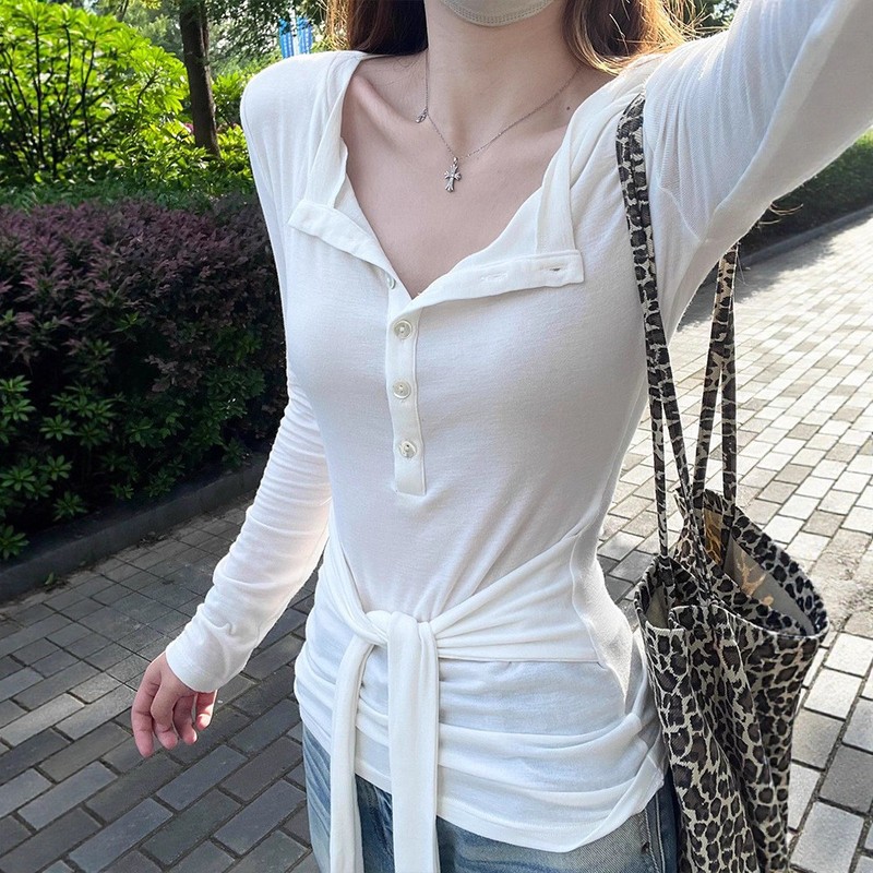 韩系辣妹绑带V领长袖t恤女早秋季2025新款修身简约百搭纽扣上衣潮|undefined