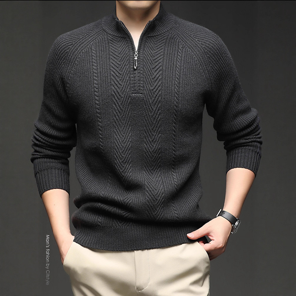 Suéter de lana hombre de media altura con cremallera collar suéter de invierno Jacquard cálido suéter de punto casual juvenil