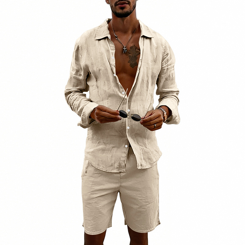Herren-Sommerurlaubs-Freizeithemd im amerikanischen Stil, Leinen, locker, langärmelig, mit Knopfleiste, Cardigan, Badeshorts-Anzug_voghion.com