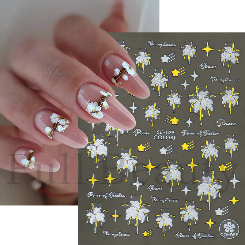 跨境新款美甲贴纸 ins秋冬白金睡莲百合花蝴蝶结背胶指甲贴nail|undefined