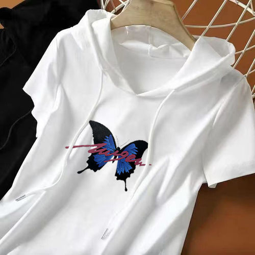 Hooded white short-sleeved hoodie women's large size women's 2026 summer new Korean loose all-match T-shirt top trend