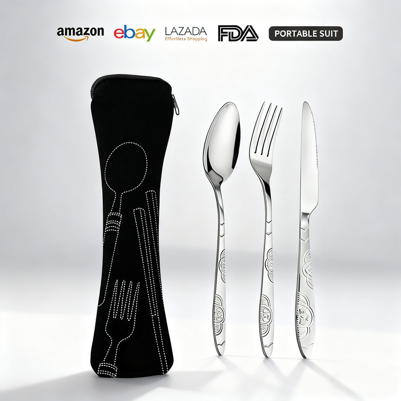 Stainless Steel Cutlery Set, Western-Style Steak Knife, Fork, and Spoon, Creative Cloth Bag, Outdoor Portable Three-Piece Set, Cross-Border Gift Stainless Steel Cutlery Set, Western-Style Steak Knife, Fork, and Spoon, Creative Cloth Bag, Outdoor Portable Three-Piece Set, Cross-Border Gift