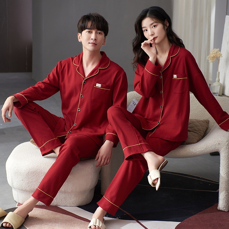Pareja pijamas hombres Otoño e Invierno puro algodón boda nacimiento año rojo manga larga desgaste del hogar de las mujeres traje