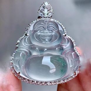 Myanmar Natural Jadeite Ice Type Buddha Pendant 18K Gold 925 Inlaid Maitreya Buddha Pendant