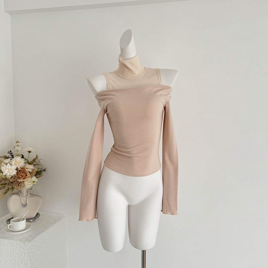 Korean Women's Daily High-Neck One-Shoulder Double-Sided Velvet Top Off-Shoulder Slanted Shoulder Top with Pure Lusty Elegant