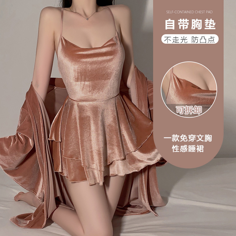 Guiruo Push-Up Plus Breast Pad Pajamas Pure Desire Sweet Velvet Suspender Nightgown Comfortable Outer Robe Home Wear Set 5034