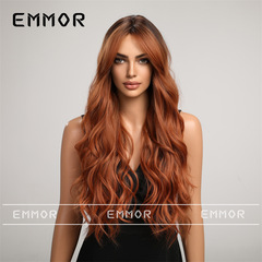 Cross-border wig for women, face-shaping octagonal bangs, orange-brown, large waves, long curly hair, fluffy, daily, natural, synthetic fiber head covering