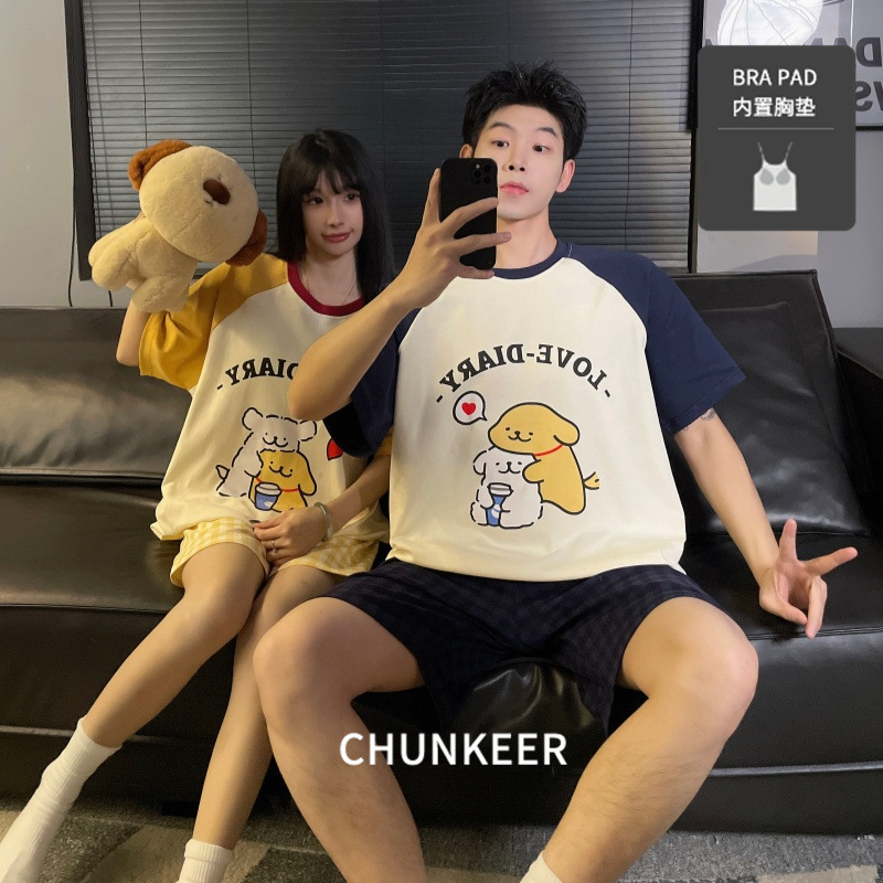 New Style Pajamas for Couples, Summer Short-Sleeved Shorts, Cartoon Cute Loose-Fitting Men's and Women's Home Wear Set with Chest Pads and Round Neck New Style Pajamas for Couples, Summer Short-Sleeved Shorts, Cartoon Cute Loose-Fitting Men's and Women's Home Wear Set with Chest Pads and Round Neck