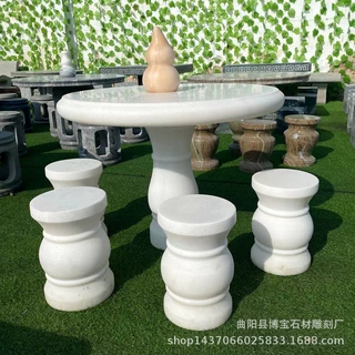 定制汉白玉石雕桌子天然无瑕疵白玉圆桌石桌四个石凳现货价格
