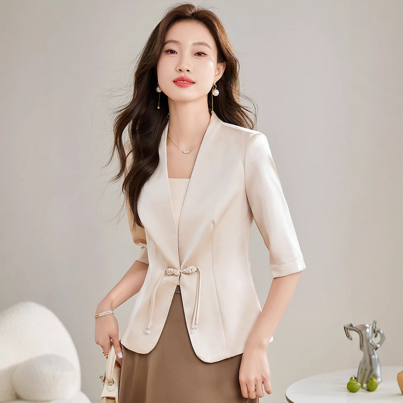 Acetic Acid Satin Small Suit Jacket Women's 2025 New Summer Thin New Chinese Style National Style Top Seven-Sleeve Suit Acetic Acid Satin Small Suit Jacket Women's 2025 New Summer Thin New Chinese Style National Style Top Seven-Sleeve Suit