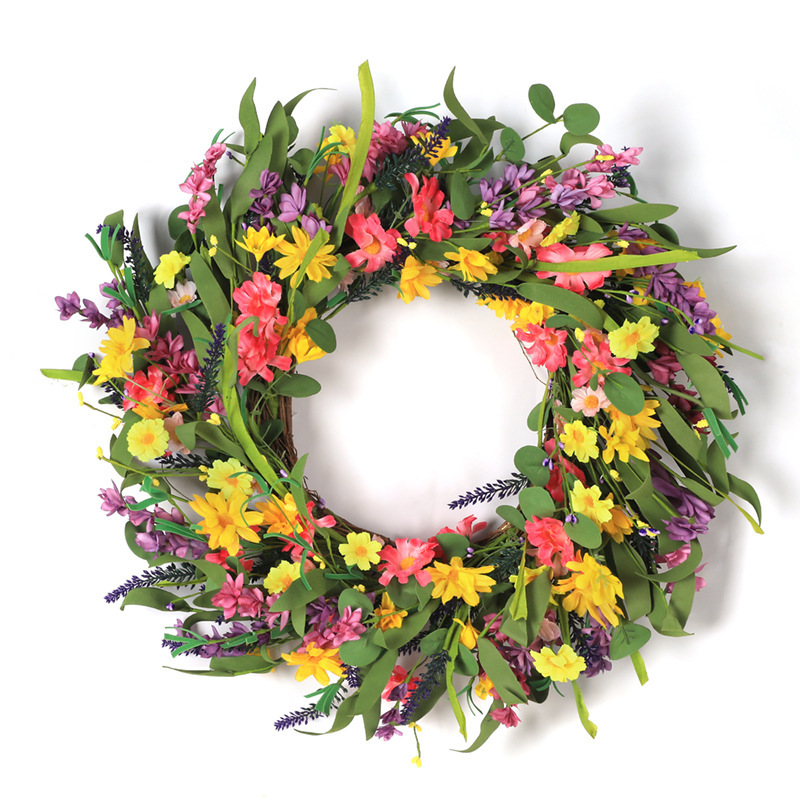 New Arrival Summer Wreath Chrysanthemum Lavender Indoor Outdoor Holiday Wreath Front Door Decoration Rattan Wreath