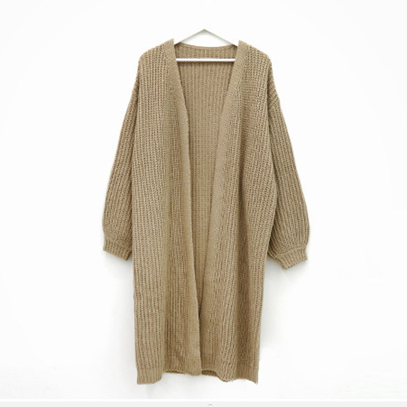 Estilo coreano estilo perezoso pit suéter largo abrigo de las mujeres otoño e invierno nuevo color sólido suelta linterna manga punto cardigan moda