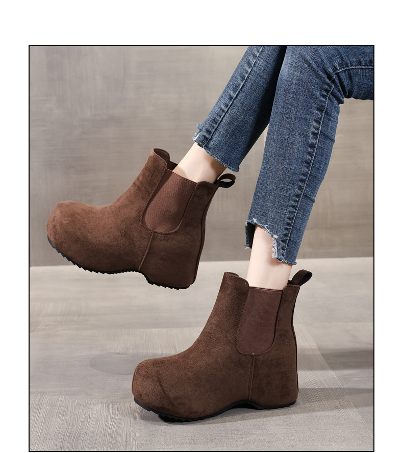 Boot Chelsea nữ cổ thun đế dày tăng chiều cao lót lông cừu mùa thu đông — Màu nâu chi tiết 12