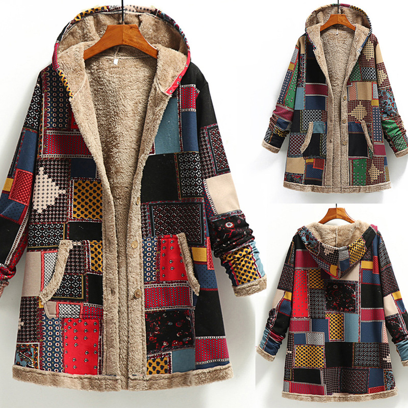 2023 Winter Amazon Wish European and American New Women's Cotton and Linen Printed Hooded Sweatshirt Warm Stuffed Jacket