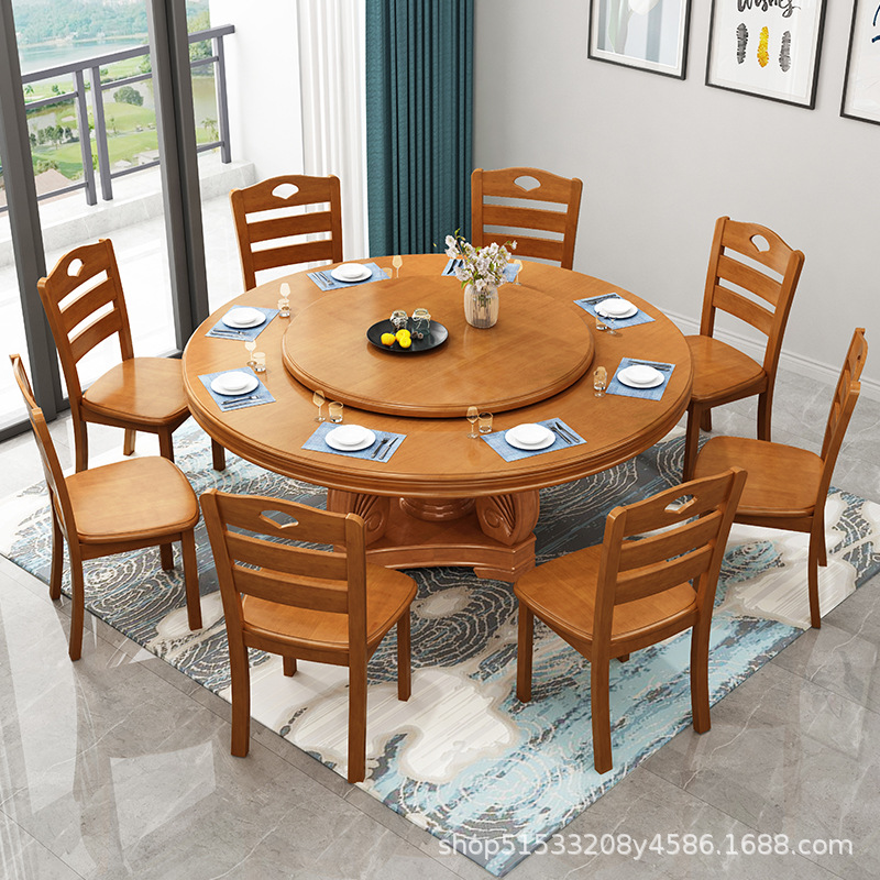實木餐桌椅組合吃飯桌子帶轉盤酒店家用2.2米大型圓桌飯店餐桌