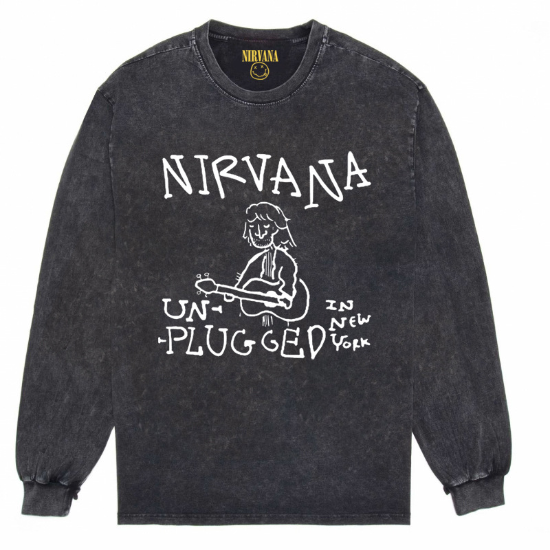 Nirvana Vintage American retro apenado rock punk angustiado lavado batik Camiseta de manga larga