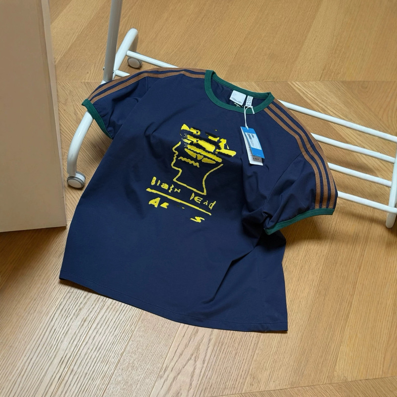 Cross-Border Authentic Version Co-Branded Unisex Summer Velvet Letter Logo Three-Stripe Short-Sleeve All-Cotton T-Shirt Couple Style