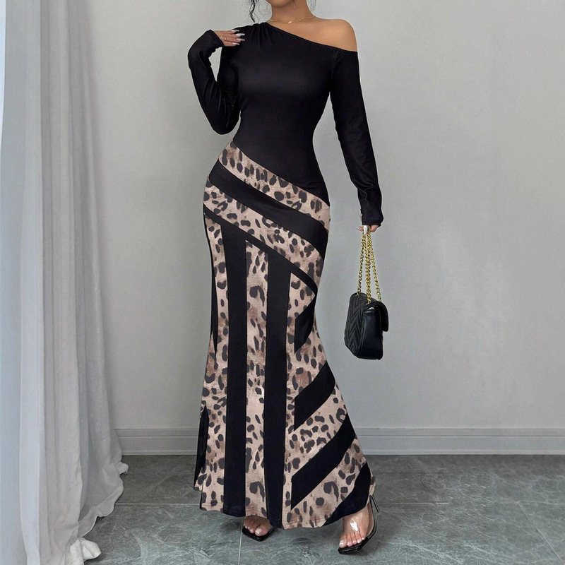 Amazon European and American Cross-Border Sexy Off-Shoulder Elegant Asymmetrical Neckline Pleated Striped Mermaid Hem Dress